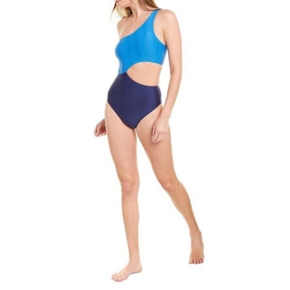 Splendid Blue Colorblock Cutout One Shoulder Swimsuit One Piece Monokini Size L - Picture 1 of 10
